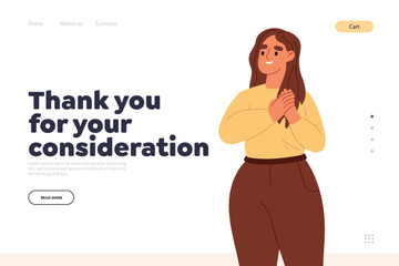 Thank you for consideration concept of landing page with happy woman hold hands at chest grateful