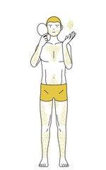 体毛が濃くて悩んでいる男性の線画、鏡を見て落ち込むポーズ