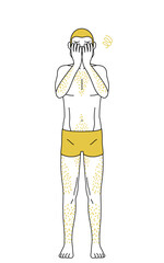体毛が濃くて悩んでいる男性の線画、両手で顔を隠して落ち込むポーズ