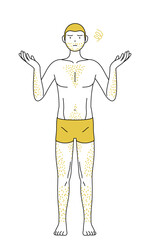 体毛が濃くて悩んでいる男性の線画、両手を広げて困るポーズ