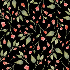 Watercolor floral seamless pattern with abstract red flowers, leaves. Hand drawn flowers  illustration isolated on black  background. For packaging, wallpaper, wrapping  design or print.