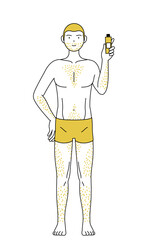 体毛が濃くて悩んでいる男性の線画、除毛クリームを持つポーズ