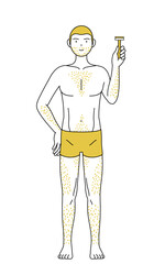 体毛が濃くて悩んでいる男性の線画、剃刀を持つポーズ