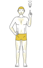 体毛が濃くて悩んでいる男性の線画、指差しをするひらめきのポーズ