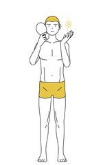 脱毛した男性の線画、鏡を見て落ち込むポーズ