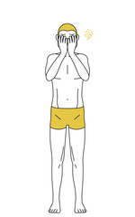 脱毛した男性の線画、両手で顔を隠して落ち込むポーズ