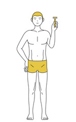 脱毛した男性の線画、剃刀を持つポーズ