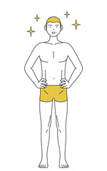脱毛した男性の線画、腰に手を当てて胸を張るポーズ