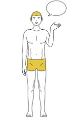 脱毛した男性の線画、手のひらを向けて話すポーズ