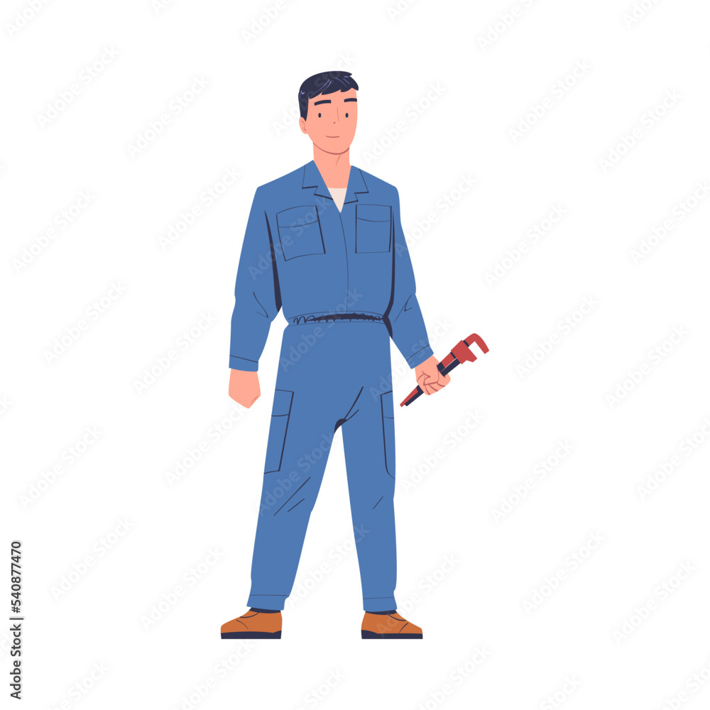 Aufkleber man plumber standing with wrench for working and fixing vector illustration