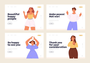 Happy people show positive hand gestures, set of landing pages with cartoon love, peace and okay