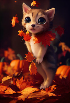 Cute Animated Kitten Jumping In Leaves