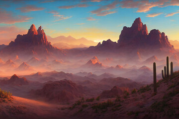 Naklejka premium desert background, rocky terrain, landscape, concept art, digital illustration