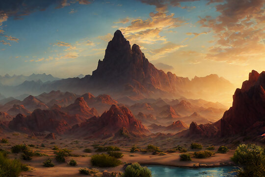 desert background, rocky terrain, landscape, concept art, digital illustration