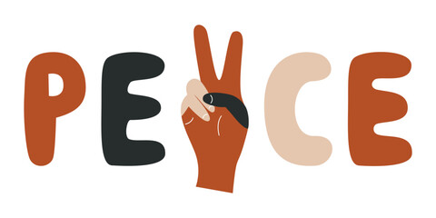 Flat vector hippy boho illustration. Hand drawn retro groovy peace lettering