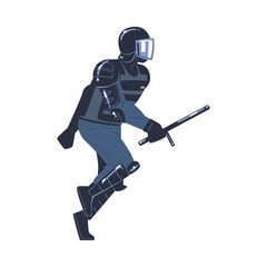 Riot Police Officer and Squad Member in Uniform and Helmet with Baton Maintaining Order Vector Illustration