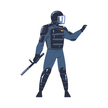 Riot Police Officer and Squad Member in Uniform and Helmet with Baton Maintaining Order Vector Illustration