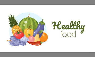 Card with colorful tasty fruits and vegetables. Vector illustration. Horizontal flyer, banner. Design for social media, top of website. Healthy food.