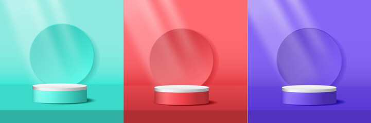 podium is a set of 3D circles in green, white and gray, red and white and gray, blue and gray, white and gray. The background is circled with shadows, as if deep, there is light coming 