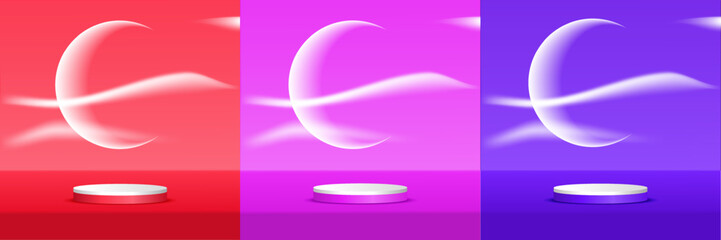 Great vector illustration, three dimensional low circle in red, pink and blue with white. The background is a white moon with clouds and smoke. illustration display product pastel abstract geometric 