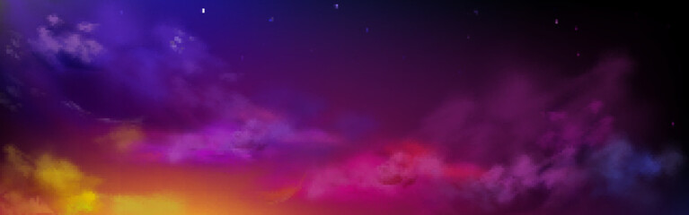 Night sky with colorful clouds and stars, starry heaven, dusk panoramic background with yellow, purple, pink and lilac light reflecting on clouds. Universe, space Realistic vector mysterious landscape