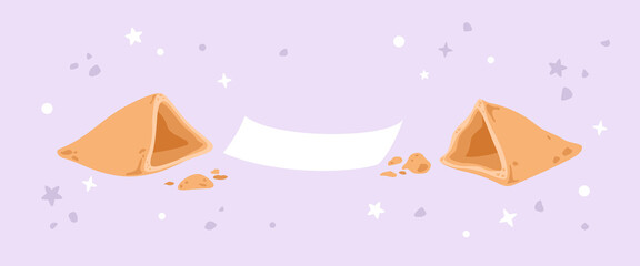 Fototapeta na wymiar Fortune cookies banner. Open sweet with blank paper for message, wishing, surprise. Lavender colored background with stars and abstract shapes. Magic vector illustration with cracked asian food.