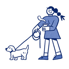 Woman walking dog hand drawn illustration in cartoon design