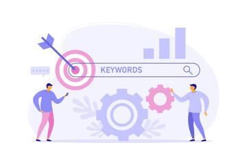 Lsi keyword research and seo optimization. Web analysis and seo  concept. Tiny men analyzing SERPs with dats, chart, gears, phone. Vector flat illustration for landing page, banner, site