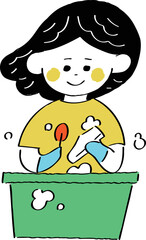 靴をタワシで洗う女性のイラスト