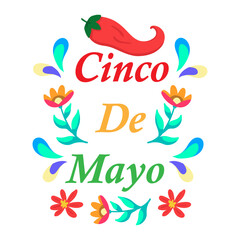 Beautiful Vector illustration with Design for Mexican Holiday 5 May Cinco De Mayo. Vector Template with Traditional Mexican Symbols Skull, Mexican Guitar, Flowers, Chili Sombrero Feliz Cinco de Mayo	