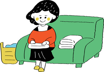 洗濯物をたたむ女性のイラスト