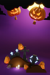 Happy Halloween Poster. Cartoon 3D-Realistic symbols: Glowing joyful Jack O Lantern gang, hot air pumpkin balloons, graveyard, with dark purple background. Trick or Treat holiday invitation portrait.