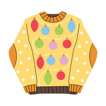 Cute new year cartoon sweater, christmas toys, garland. Knitted ugly retro pullover, flat vector hygge style illustration. Winter warm clothes, season trend sticker symbol, horrible decor yellow xmas.