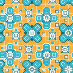 Seamless yellow-blue pattern with original decorative elements and lattice. Vector illustration