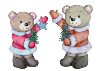 Cute cartoon teddy bear. Hand painted watercolor illustration for chidren and baby design. Isolated.
