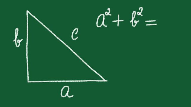 Pythagorean theorem on a chalkboard. Handwritten letter. Looped 4K stop motion animation