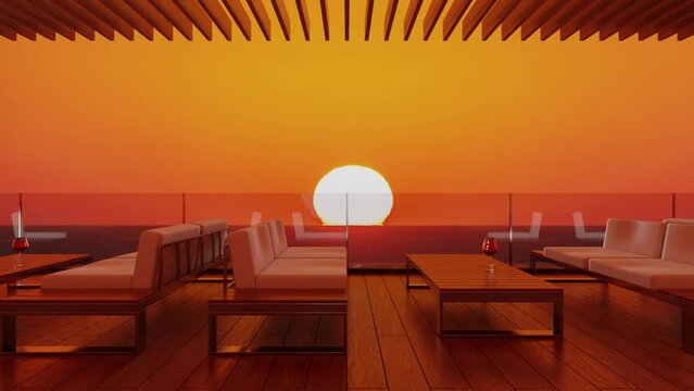 3D animation of a rooftop lounge with sunset and ocean view. infinite loop.