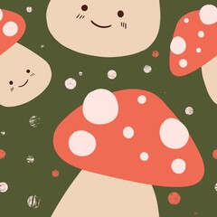 Seamless pattern with toadstool mushrooms, color raster pattern