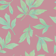 Abstract pattern, watercolor peony leaves. Seamless background of green leaves for design, print, wallpaper, wrapping paper.