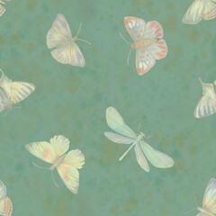 Seamless abstract pattern of butterflies and dragonflies. Botanical ornament for design, wallpaper, print, wrapping paper, scrapbooking.