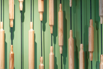 Abstract culinary background of many rolling pins for dough on green. Creative decoration.