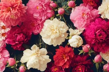 Beautiful floral background. Bouquet of pink and white peonies.  Frame of flowers, floral flat lay as a wallpaper