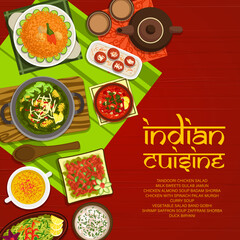 Indian cuisine menu cover with vector spice food of Asian restaurant. Vegetable and meat curry, duck rice biryani and tandoori chicken salad, fried milk sweets, saffron shrimp and almond soups