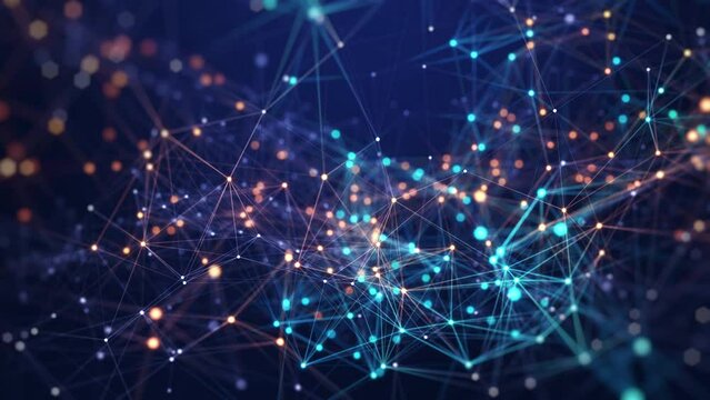 Abstract connected dots and lines. Concept of AI technology, Motion of digital data flow. Communication and technology network concept with moving lines and dots. 3D rendering