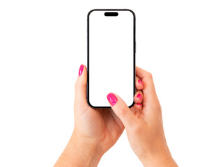 Person holding mobile phone in both hands, isolated on white background