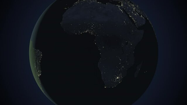 Seamless looping animation of the earth at night zooming in to the 3d map of Malawi with the capital and the biggest cites in 4K resolution