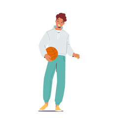 Teenager with Basketball Ball, Young man Sports Training. Happy Male Character Doing Workout, Healthy Lifestyle
