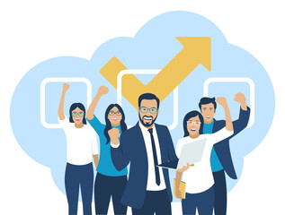 The business team is happy with the success. Active managers girls and boys with raised hands. They call for forward movement. Flat design. Vector illustration