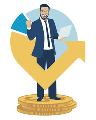 A man stands on coins and rejoices at success in business. Time is money. Flat design. Vector illustration