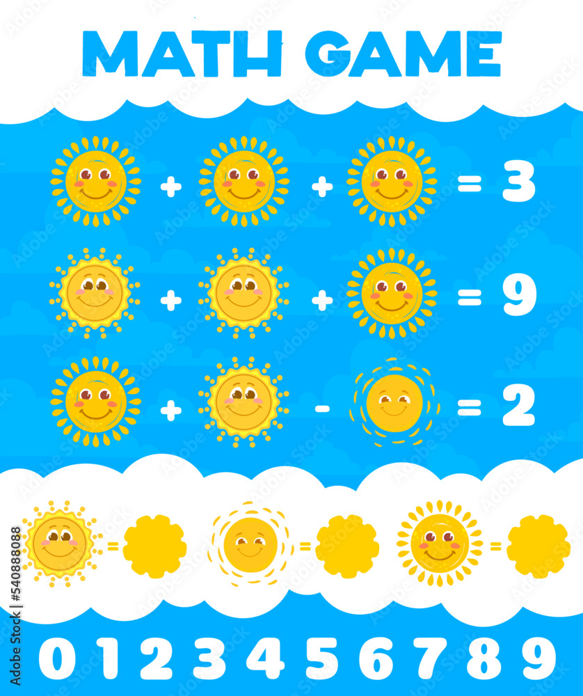 Poster math game worksheet. cartoon sun characters and sky clouds. kids math puzzle, child mathematical pla